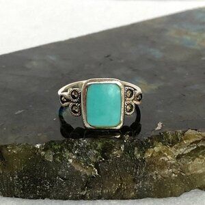 Sterling Silver 925 Rectangular Faux Turquoise Inlay Marcasite Shank Ring Sz 6.5